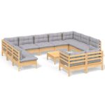 12-Piece Garden Lounge Set with Grey Cushions Pine Wood Outdoor Patio Furniture