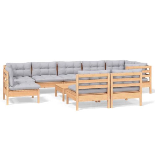 10-Piece Garden Lounge Set with Grey Cushions Pine Wood Outdoor Patio Furniture