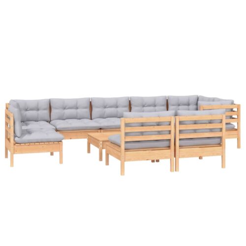 10-Piece Garden Lounge Set with Grey Cushions Pine Wood Outdoor Patio Furniture - Image 8
