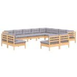 12-Piece Garden Lounge Set with Grey Cushions Pine Wood Outdoor Patio Furniture