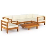 7-Piece Garden Lounge Set with Cream White Cushions Acacia Wood Outdoor Patio Lounge Furniture