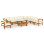 10-Piece Garden Lounge Set with Cream White Cushions Acacia Wood