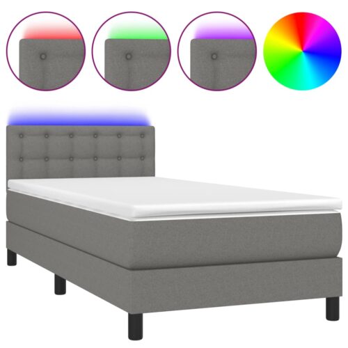 Box Spring Bed with Mattress&LED Dark Grey 100x200cm Fabric - Image 2