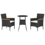 3-Piece Garden Bistro Set with Cushions Black Poly Rattan Wicker Outdoor Patio Furniture