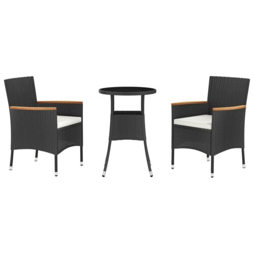 3-Piece Garden Bistro Set with Cushions Black Poly Rattan Wicker Outdoor Patio Furniture