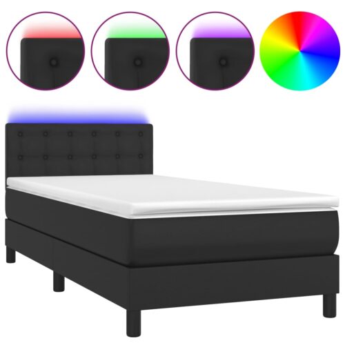 Box Spring Bed with Mattress&LED Black 100x200cm Faux Leather - Image 2