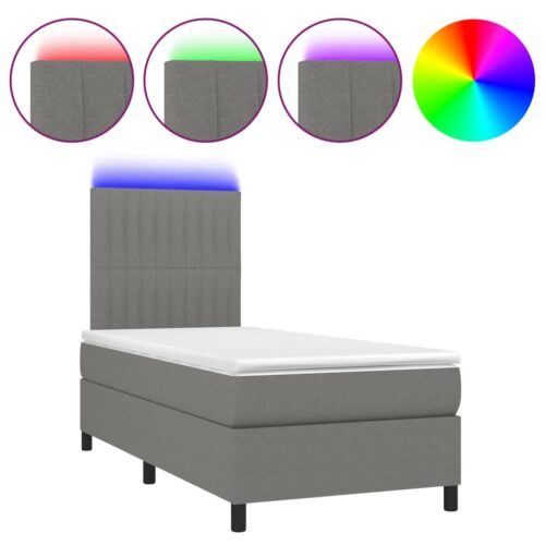 Box Spring Bed with Mattress&LED Dark Grey 106x203cm King Single Size Fabric - Image 2