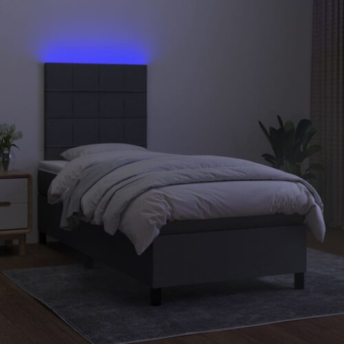 Box Spring Bed with Mattress&LED Dark Grey 106x203cm King Single Size Fabric - Image 3