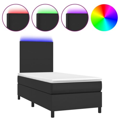 Box Spring Bed with Mattress&LED Black 106x203cm King Single Size Faux Leather - Image 2