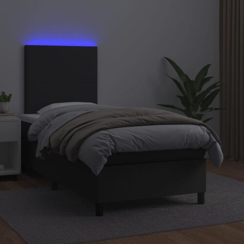 Box Spring Bed with Mattress&LED Black 106x203cm King Single Size Faux Leather - Image 3