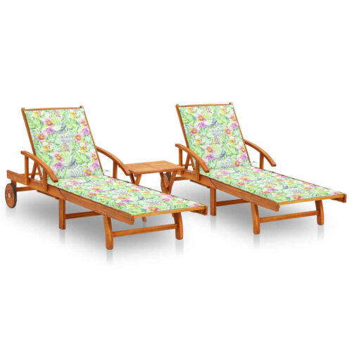 Sun Loungers 2pcs with Table Cushions Solid Acacia Wood