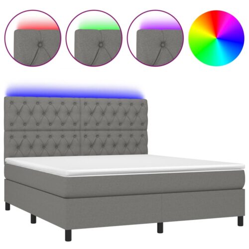 Box Spring Bed with Mattress LED Dark Grey 153x203cm Queen Size Fabric - Image 2