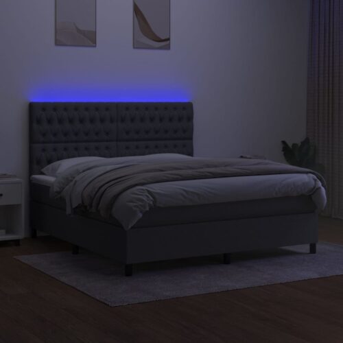 Box Spring Bed with Mattress LED Dark Grey 153x203cm Queen Size Fabric - Image 3