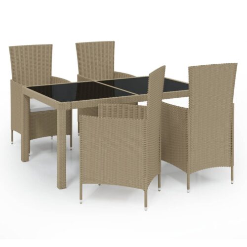 5-Piece Outdoor Dining Set with Cushions Poly Rattan Wicker Outdoor Patio Furniture Beige