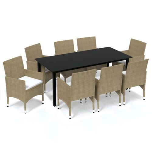 9-Piece Garden Dining Set with Cushions Poly Rattan Wicker Outdoor Patio Furniture Beige