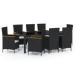 9-Piece Outdoor Dining Set with Cushions Poly Rattan Wicker Outdoor Patio Furniture Black