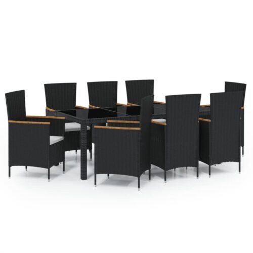 9-Piece Outdoor Dining Set with Cushions Poly Rattan Wicker Outdoor Patio Furniture Black