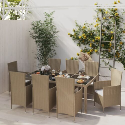 9-Piece Outdoor Dining Set with Cushions Poly Rattan Wicker Outdoor Patio Furniture Beige - Image 5