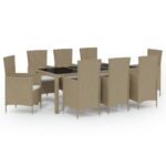 9-Piece Outdoor Dining Set with Cushions Poly Rattan Wicker Outdoor Patio Furniture Beige