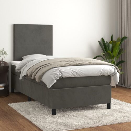 Box Spring Bed with Mattress Dark Grey 106x203cm King Single Size Velvet