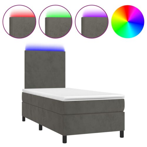 Box Spring Bed with Mattress&LED Dark Grey 106x203cm King Single Size Velvet - Image 2