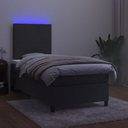 Box Spring Bed with Mattress&LED Dark Grey 106x203cm King Single Size Velvet - Image 3