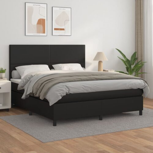 Queen Size Bed Frame with Mattress & Topper Set Faux Leather Black 153x203cm - Image 8