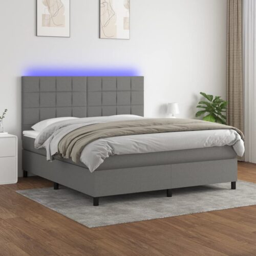 Queen Mattress with LED Lights Bed Frame & Topper Set Fabric Dark Grey 153x203cm - Image 3