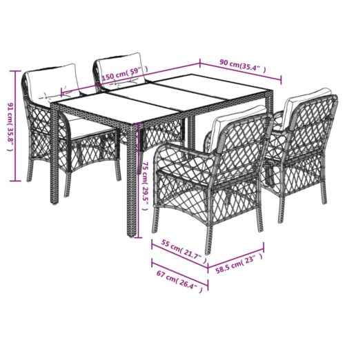 5-Piece Outdoor Dining Set Garden Patio Chairs Wicker Rattan Furniture Grey - Image 7