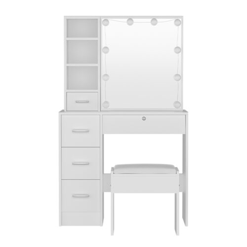 Artiss Dressing Table Set Stool 10 Led Bulbs White Dylan - Image 2