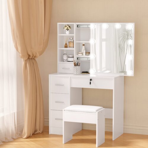 Artiss Dressing Table Set Stool 10 Led Bulbs White Dylan - Image 6