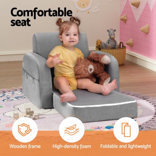 Keezi Kids Sofa 2 Seater Children Flip Open Couch Lounger Armchair Soft Grey - Image 4