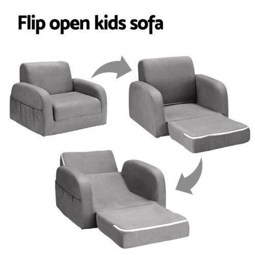 Keezi Kids Sofa 2 Seater Children Flip Open Couch Lounger Armchair Soft Grey - Image 5