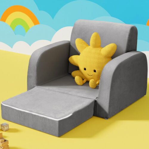Keezi Kids Sofa 2 Seater Children Flip Open Couch Lounger Armchair Soft Grey - Image 6