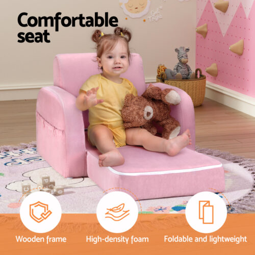 Keezi Kids Sofa 2 Seater Children Flip Open Couch Lounger Armchair Soft Pink - Image 4