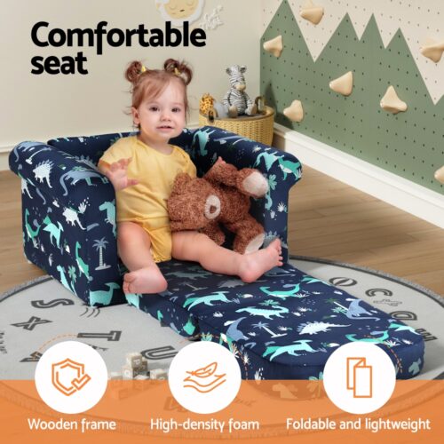 Keezi Kids Sofa 2 Seater Children Flip Open Couch Lounger Armchair Dinosaur Navy - Image 4