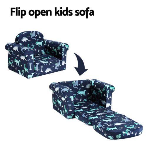 Keezi Kids Sofa 2 Seater Children Flip Open Couch Lounger Armchair Dinosaur Navy - Image 5