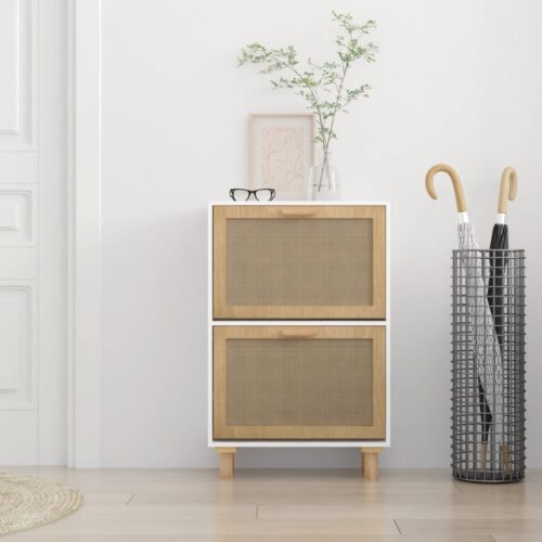 Shoe Cabinet White Wooden Natural Rattan Hallway Entry Shoes Storage Shelf Rack Organiser - Image 3
