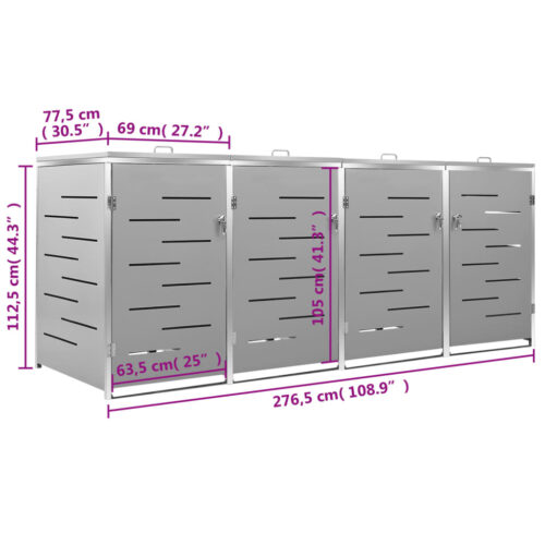 Quadruple Wheelie Bin Shed 276.5x77.5x112.5cm Stainless Steel - Image 12