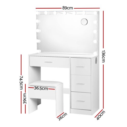 Artiss Dressing Table Set Stool 15 Led Bulbs White Darcy - Image 4