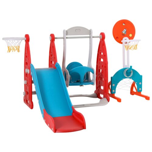 Keezi Kids Slide Swing Set Basketball Hoop Rings Football Outdoor Toys 140cm Red - Image 3