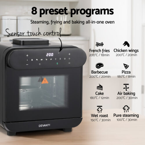 Devanti Steam Air Fryer Oven 15L W/ LCD Touch 1600W - Image 4