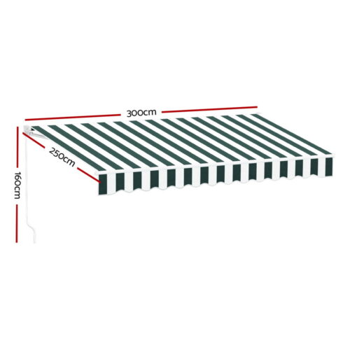 Instahut Retractable Folding Arm Awning Manual Sunshade 3Mx2.5M Green White - Image 2