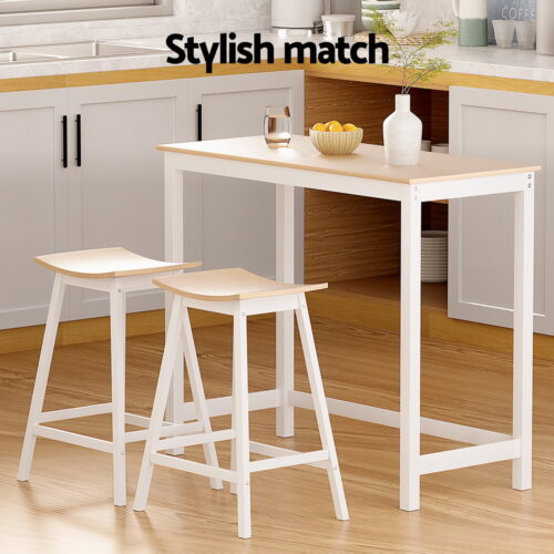 Artiss Bar Table and Stools Set Dining Desk Solid Wood Kitchen Chairs Cafe Pub - Image 5