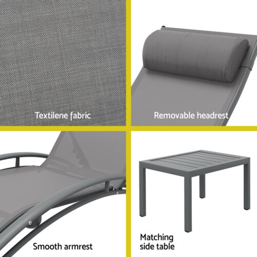 Gardeon 3PC Sun Lounge Outdoor Lounger Steel Table Chairs Patio Furniture Grey - Image 6