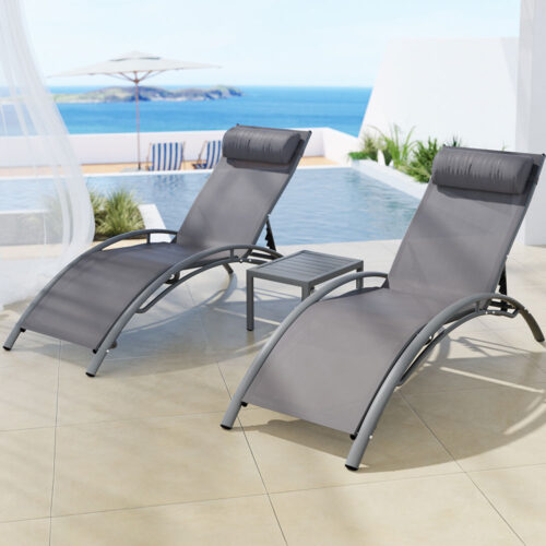 Gardeon 3PC Sun Lounge Outdoor Lounger Steel Table Chairs Patio Furniture Grey - Image 7