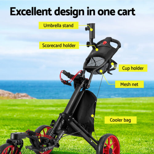 Everfit Golf Buggy Foldable Trolley Golf Cart Swivel Wheel Umbrella Bottle Stand - Image 4
