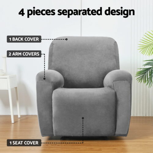 Artiss Recliner Chair Covers 1 Seater Velvet Grey - Image 3