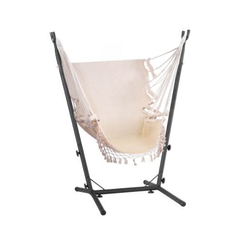 Gardeon Hammock Chair Outdoor Camping Hanging with Stand Cream - Image 3