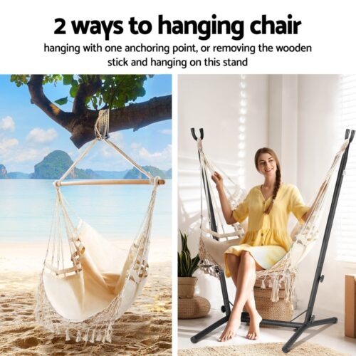 Gardeon Hammock Chair Outdoor Camping Hanging with Stand Cream - Image 5